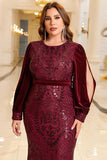 Sparkly Burgundy Plus Size Sequin Formal Dress with Long Sleeves