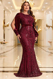 Sparkly Burgundy Plus Size Sequin Formal Dress with Long Sleeves
