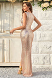 Champagne Sheath Sparkly Ball Dress with Slit