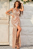 Champagne Sheath Sparkly Ball Dress with Slit