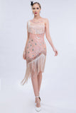 Sparkly Blush Asymmetrical Sequins Fringed 1920s Dress with Accessories Set