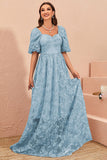 Blue A Line Square Neck Ball Dress with Puff Sleeves