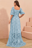 Blue A Line Square Neck Ball Dress with Puff Sleeves