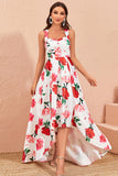 High-low White Floral Print Casual Dress with Ruffles