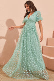 Green A Line Puff Sleeves Ball Dress with Appliques