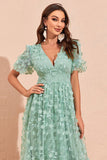 Green A Line Puff Sleeves Ball Dress with Appliques