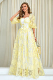Yellow Print A Line Ball Dress with Puff Sleeves