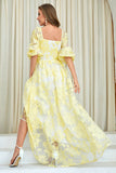 Yellow Print A Line Ball Dress with Puff Sleeves