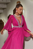 Fuchsia A-Line Deep V-Neck Formal Dress With Long Sleeves