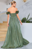 Green A-Line Off The Shoulder Pleated Long Ball Dress With Slit