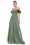 Green A-Line Off The Shoulder Pleated Long Ball Dress With Slit