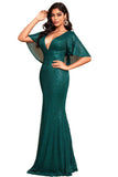 Dark Green Mermaid Deep V Neck Sequin Ball Dress With Cape Sleeves