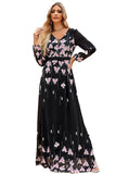 Black A-Line V Neck Print Long Casual Dress With Long Sleeves