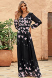 Black A-Line V Neck Print Long Casual Dress With Long Sleeves