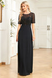 Sparkly Black Formal Dress with Short Sleeves