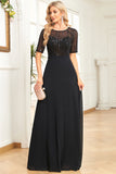 Sparkly Black Formal Dress with Short Sleeves