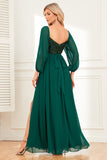 A-Line Dark Green Sequins Ball Dress with Sleeves