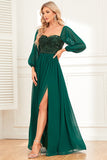 A-Line Dark Green Sequins Ball Dress with Sleeves