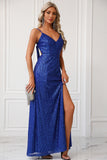 Sparkly Royal Blue Spaghetti Straps Ball Dress with Slit