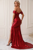 Sparkly Mermaid Off The Shoulder Red Ball Dress with Slit