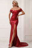 Sparkly Mermaid Off The Shoulder Red Ball Dress with Slit
