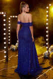 Off the Shoulder Royal Blue Glitter Ball Dress with Slit