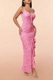 Pink Lace Ruffles Party Dress with Slit