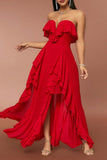 Red Strapless A Line Ball Dress with Ruffles