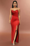 Satin Red Spaghetti Straps Simple Ball Dress with Slit