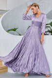 Lilac Pleated A Line Long Sleeves Ball Dress