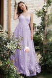 Lilac Spaghetti Straps A Line Lace Ball Dress