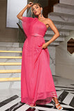 Coral One Shoulder Tulle Long Ball Dress with Belt