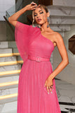 Coral One Shoulder Tulle Long Ball Dress with Belt