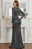 Long Sleeves Black Sparkly Ball Dress with Slit