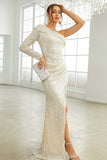 One Shoulder Long Sleeves Sparkly Ball Dress with Slit