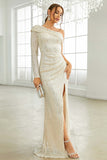 One Shoulder Long Sleeves Sparkly Ball Dress with Slit