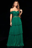 Off the Shoulder Dark Green Tiered Ball Dress with Ruffles