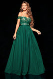 Dark Green A Line Tulle Off the Shoulder Ball Dress