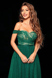 Dark Green A Line Tulle Off the Shoulder Ball Dress
