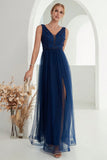 Navy A Line Tulle Long Formal Dress With Slit
