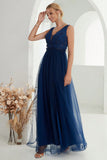 Navy A Line Tulle Long Formal Dress With Slit
