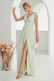 A-Line V Neck Light Green Formal Dress with Lace
