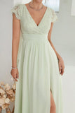 A-Line V Neck Light Green Formal Dress with Lace