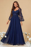 Navy A Line Long Sleeves Corset Formal Dress With Long Sleeves
