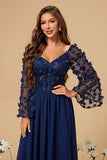 Navy A Line Long Sleeves Corset Formal Dress With Long Sleeves