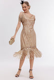 Black Golden Cold Shoulder Fringes 1920s Gatsby Dress