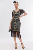 Black Golden Cold Shoulder Fringes 1920s Gatsby Dress