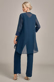 Navy Long Sleeves 3 Pieces Mother of the Bride Pant Suits