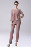 Dusty Rose 3 Pieces Chiffon Mother of Bride Pant Suits