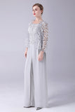Silver Chiffon Pant and Lace Top Mother of The Bride Pant Suits